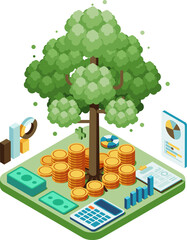 Isometric Financial Growth Investment Tree with Money and Charts