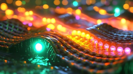 Abstract visualization of glowing digital data streams flowing across a futuristic circuit board with vibrant neon bokeh lights
