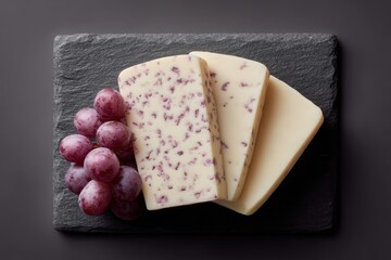 Delightful selection of artisanal cheeses and fresh grapes presented on a rustic slate board. National Milk Day