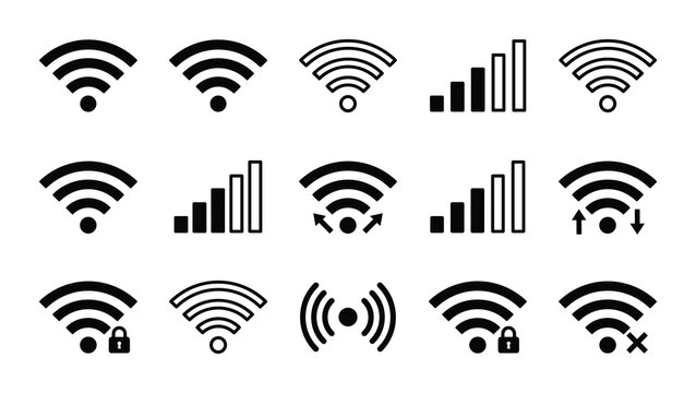 Wireless network icons. Wifi signal strength indicators. Connection status, secure, and disconnected symbols. Vector.