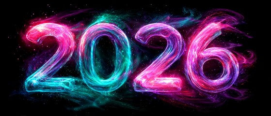 Colorful glowing 2026 text with vibrant neon energy effect