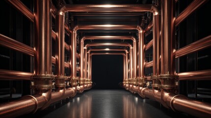 Industrial hallway with symmetrical copper pipelines and reflections