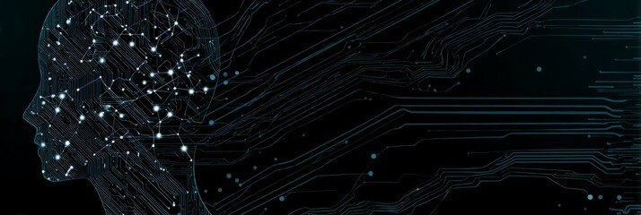Digital human face made of glowing circuit board lines