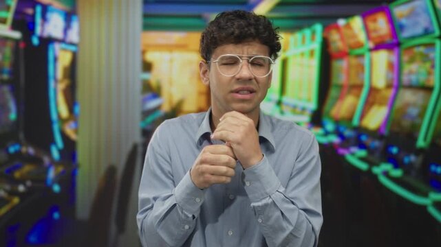 Young hispanic man touches cheek while standing next to slot machine in bright casino floor; toothache anxiety.