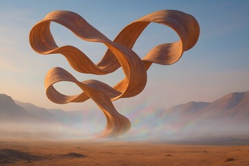 Abstract flowing orange ribbon sculpture in a misty desert landscape