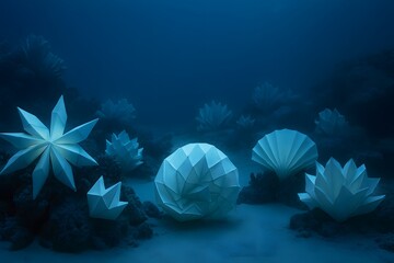 Mysterious glowing underwater flora in deep blue ocean depths