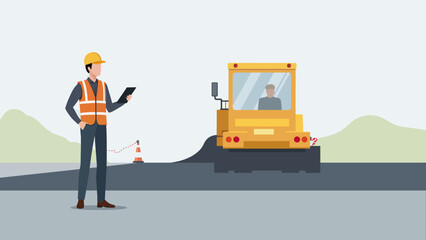 Road and Highway Engineer Inspecting Asphalt Paving – Professional Vector Illustration