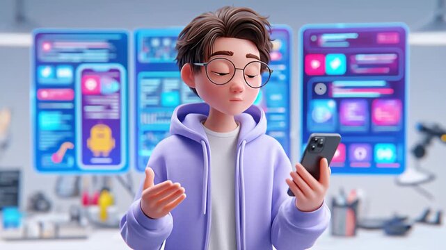 Stylized 3D Male Character Holding Smartphone Reviewing App Development Interface Dashboard