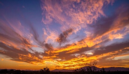 Fiery sunset clouds over distant hills
