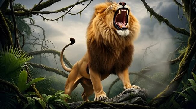 Majestic lion roaring loudly in jungle with open mouth and sharp teeth