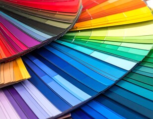 Fan of colorful paint swatches in a vibrant array, arranged in semicircular gradient