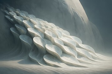 Abstract flowing white organic shapes resembling scales or petals in soft light