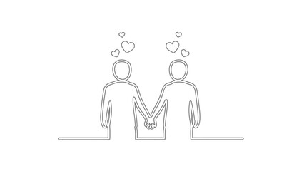 Continuous line drawing of two abstract figures holding hands with hearts above their heads, symbolizing love and connection.