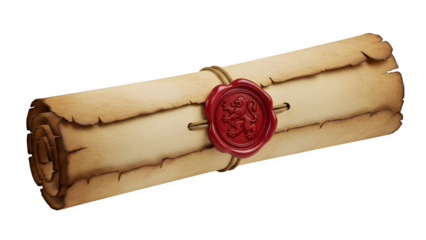 Medieval scroll with red wax seal, isolated on transparent background