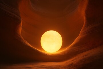 Glowing orb of light emerging from dark cave entrance