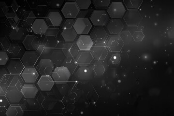 Abstract dark background with glowing hexagonal patterns and subtle light particles