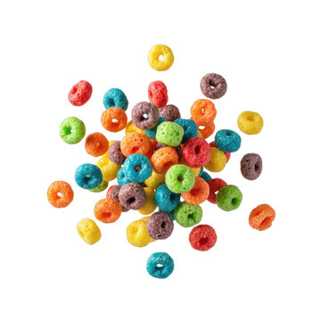 photorealistic macro shot of high-saturation, glossy, rainbow-colored fruity cereal pebbles in an explosive splash against a transparent void background. concept for commercial food advertising