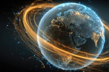 A digital rendering of Earth, glowing with city lights, encircled by vibrant energy trails