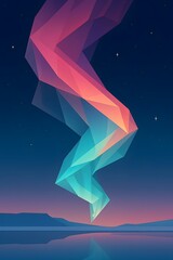 Abstract aurora borealis reflection on calm water under starry sky