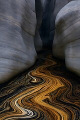 Abstract swirling colors flow between massive grey rock formations