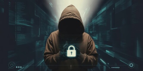 Cybersecurity Enigma: A hooded figure, shrouded in shadow, holds a glowing lock, symbolizing digital security and the ever-present threat of online breaches.
