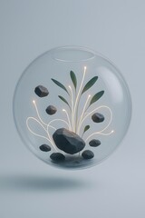 Abstract floral design with dark stones on a clear oval surface