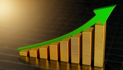 A modern green arrow pointing upwards on a golden bar chart, illustrating positive business growth.