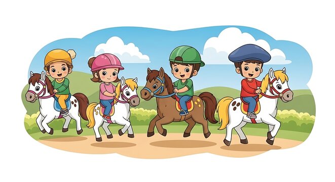 Children riding ponies in a sunny outdoor setting with blue sky.