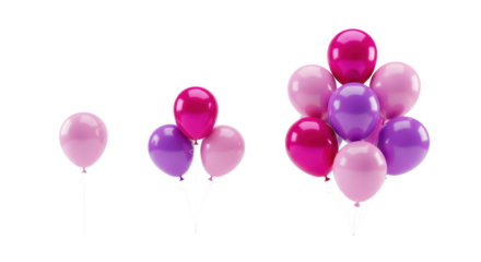 photorealistic 3d render of glossy magenta and pastel pink balloons arranged in a flowing progression (single, cluster, bunch) on a transparent background, elegant birthday celebration concept