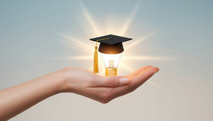 A creative concept of education and innovation with a hand holding a lightbulb wearing a graduation cap.