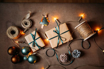 Obraz premium Banner flat lay. Preparation for a holiday season. Boxing Day concept.