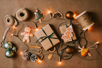 Banner flat lay. Preparation for a holiday season. Boxing Day concept.
