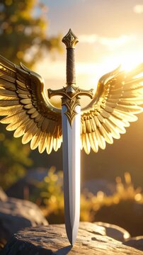 Fantasy Sword with Gold Wings standing on a Rock, close up view, sunlight shining through trees, outdoors, medieval artifact concept, art