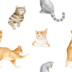 Simple cute cats watercolor seamless pattern on white. Orange, brown and gray funny pets in various poses. Domestic animal repeat background for pet stores, veterinary clinics and rescue centers