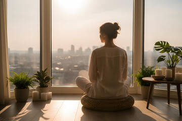 mindfulness meditation at home with natural light and greenery