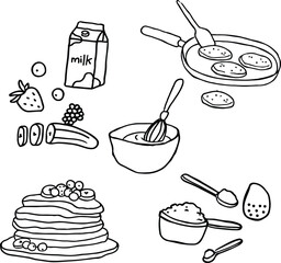 Pancake breakfast preparation set: ingredients, tools, and final meal