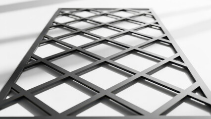 Black metal trellis panel with geometric lattice design isolated on a white background, casting shadows, modern architectural element