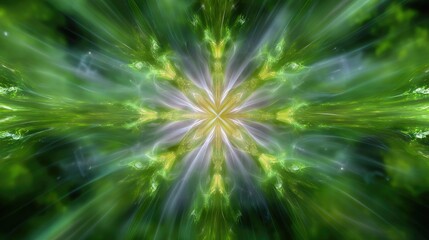 Abstract vibrant explosion of green light and energy radiating outward in a mesmerizing circular pattern