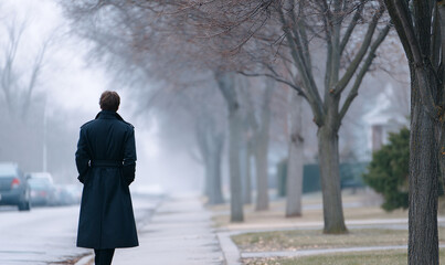 Reflective Man Walking Alone on Quiet Winter Street Wearing Long Black Coat. generative aI