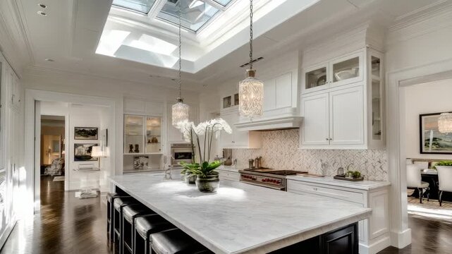 Bright Kitchen Interior Featuring Island With Marble Countertop Black Stools and Ornate Hanging Lights Under Skylight and White Cabinetry With Dark Wooden Floors in Neutral