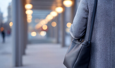 Stylish Person Wearing Warm Coat Carrying Leather Bag Walking Along City Street with Glowing Streetlights at Dusk. generative aI