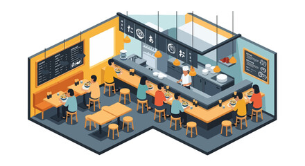 Fototapeta premium Isometric Asian Ramen Noodle Restaurant Interior Vector – Japanese, Korean, and Chinese Food Dining Illustration
