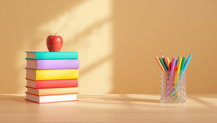 Colorful pencils next to stacked books and an apple, perfect for school supplies or educational promotions."