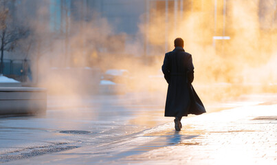 Man Walking Alone on Misty Winter Morning Street Wearing Dark Coat in Atmospheric Urban Scene. generative aI