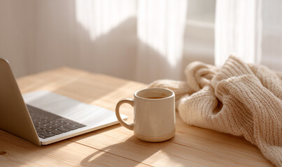 Cozy Workspace with Warm Coffee Mug, Laptop, and Soft Knit Sweater Bathed in Natural Sunlight. generative aI