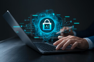 AI Cybersecurity Concept, Businessman Using Laptop and Digital Lock Icon Accessing Cybersecurity...