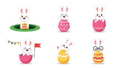 Fototapeta premium A delightful collection of cute cartoon Easter bunnies in various charming poses with decorated eggs, perfect for holiday celebrations.