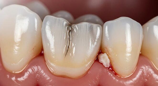 Close-up of a cracked tooth with a filling, showing dental damage and oral health issues.