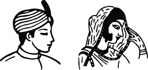 Traditional indian groom and bride in profile illustration for wedding invitations, cultural design isolated on transparent background, Vector