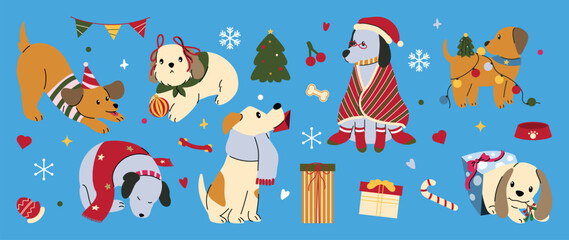 Obraz premium Cute Christmas dog vector illustration with festive costumes, gift boxes, winter decorations, candy cane and holiday elements. Hand drawn design for greeting cards, wrapping paper and wallpaper.